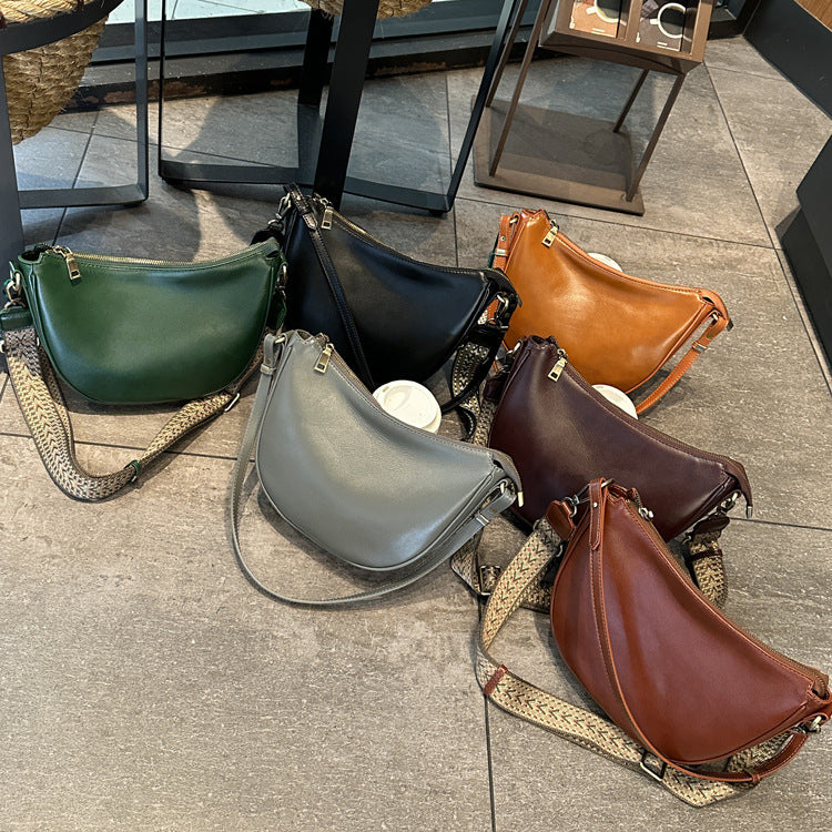 Leather Shoulder Bag Half-Moon Purse with Wide Strap