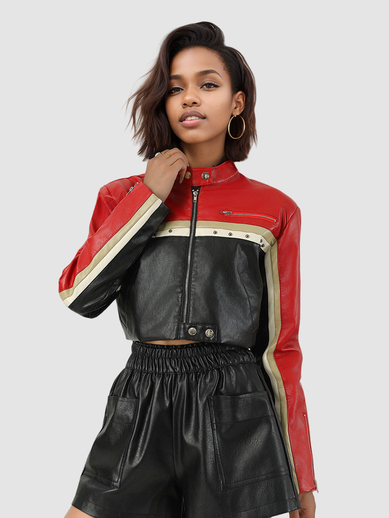 Cropped Faux Leather Biker Jacket for Women