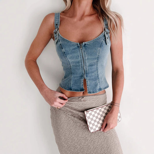 Women’s Zip Front Denim Vest with Buckle Strap Detail