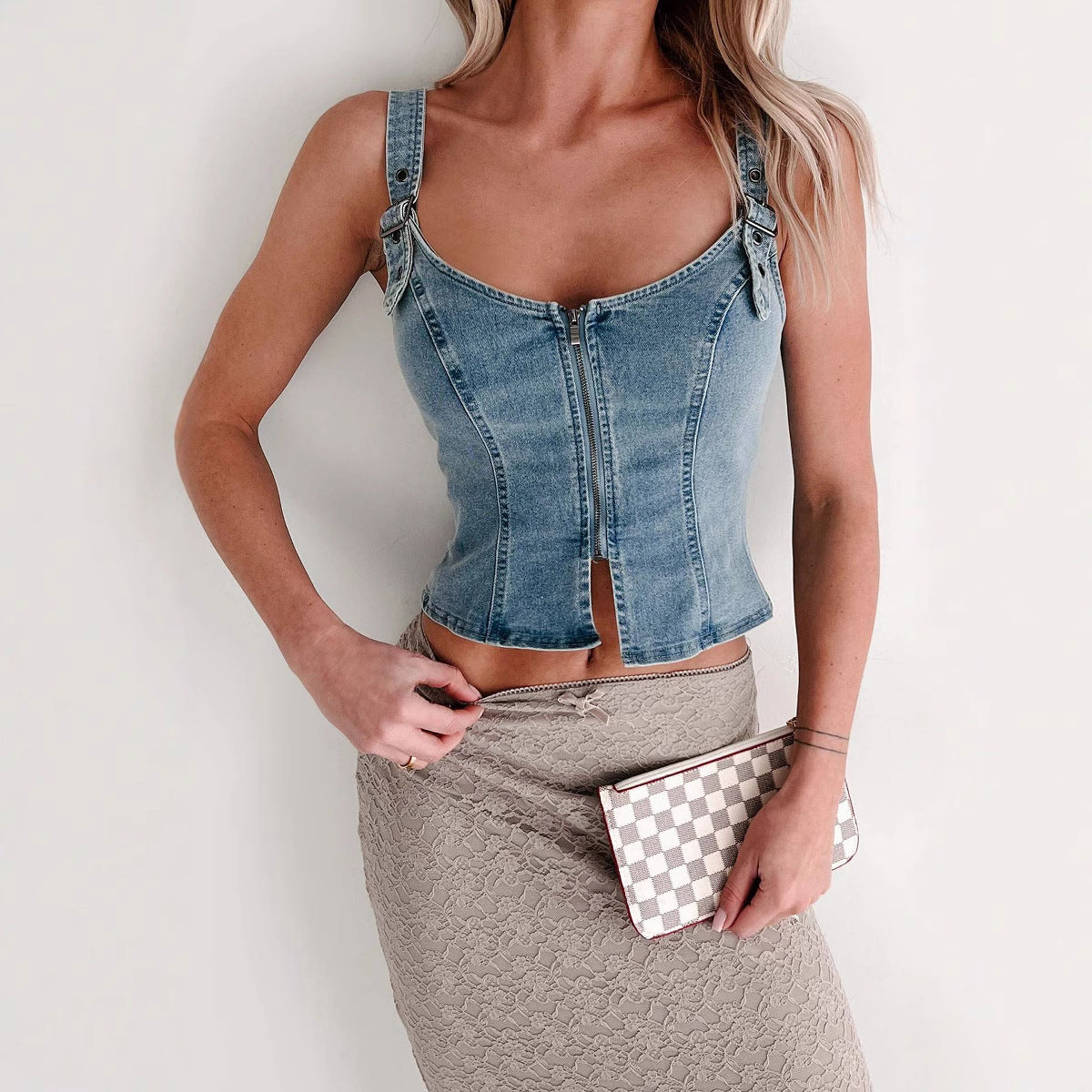 Women’s Zip Front Denim Vest with Buckle Strap Detail