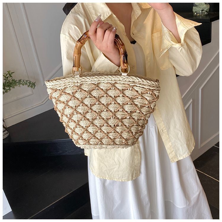 Woven Beach Summer Tote Bag with Bamboo Handles