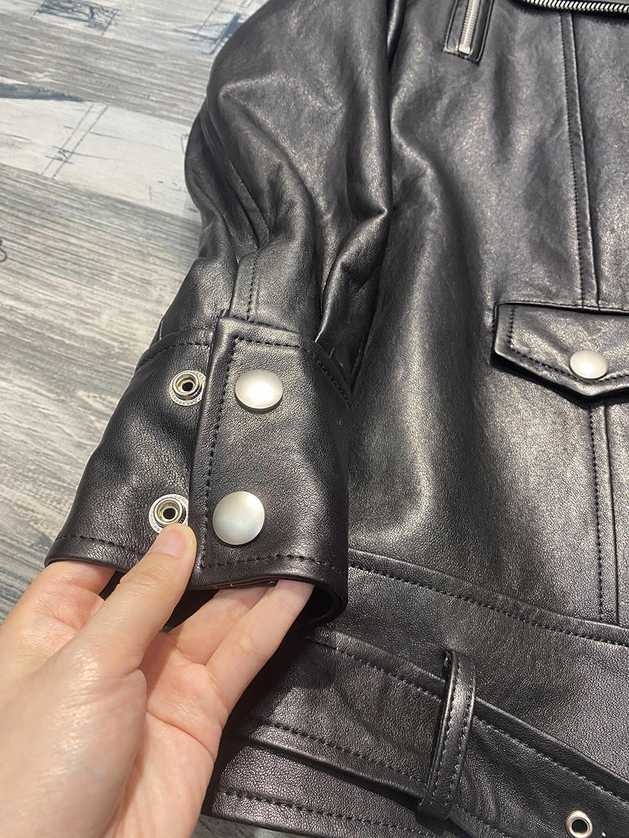 Women Oversized Genuine Leather Motorcycle Jacket Retro Washed