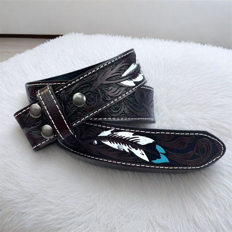 Western Cowboy Belt Strap with Embossed Feather Detail for Women