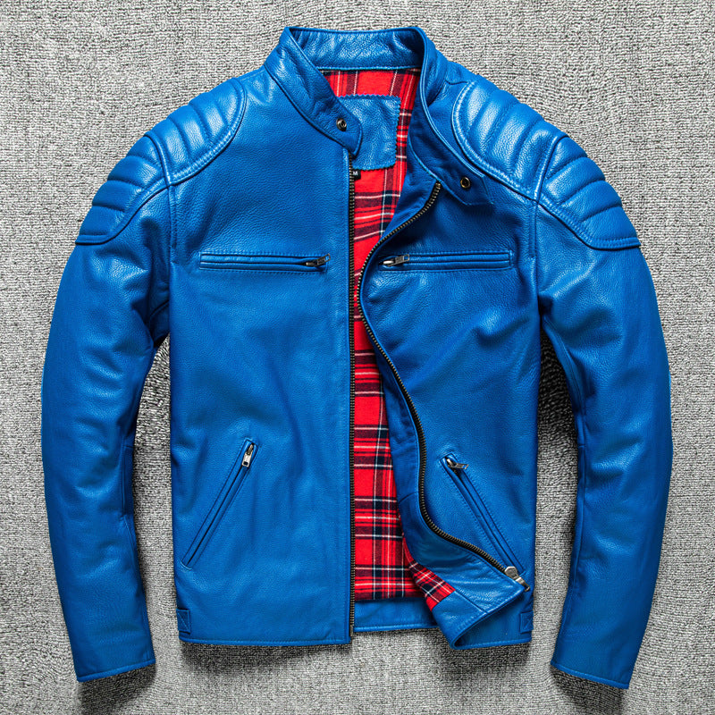 Blue Leather Biker Jacket for Men Slim Fit Motorcycle Style