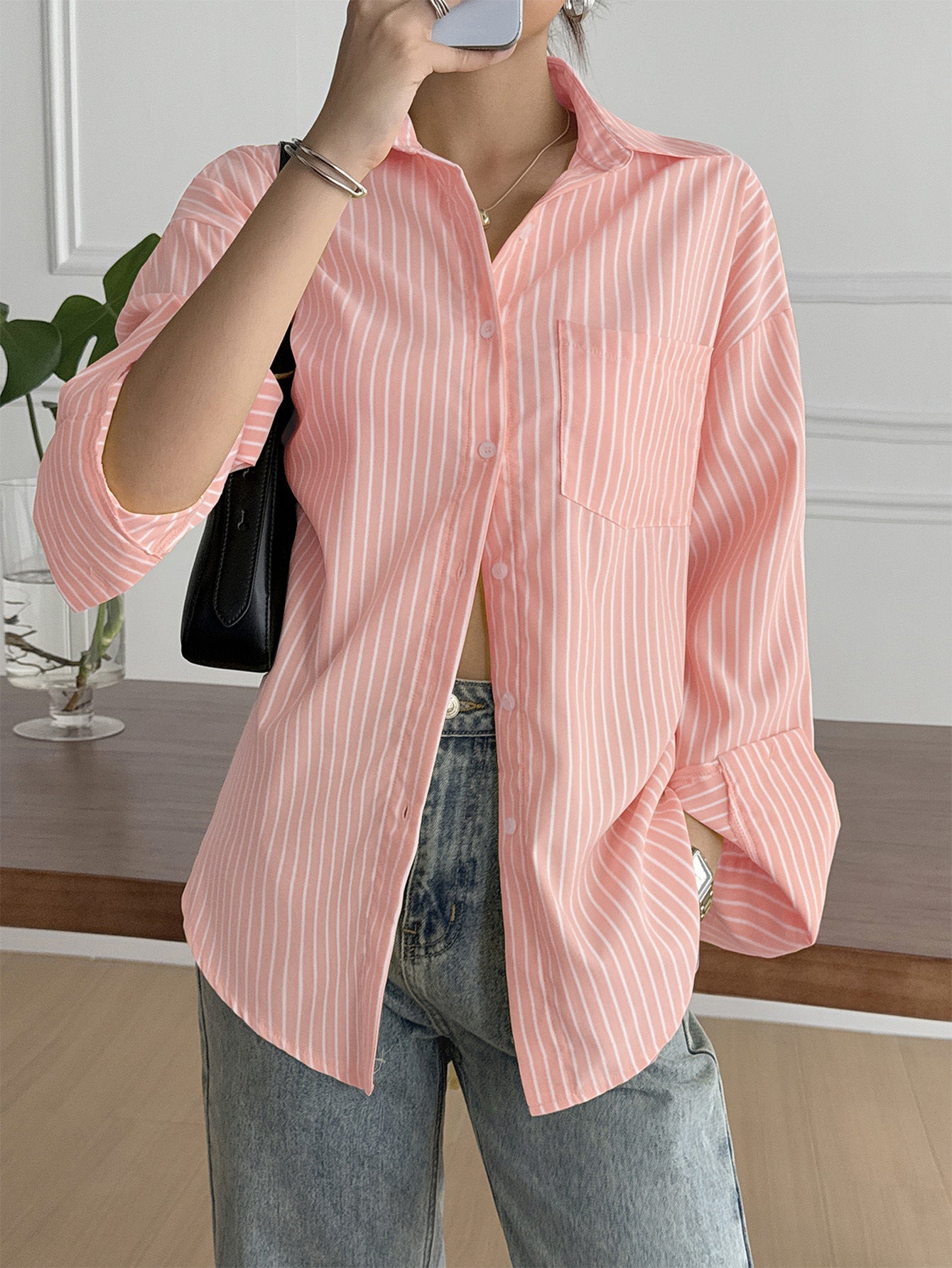 Women Drop Shoulder Button Down Shirt