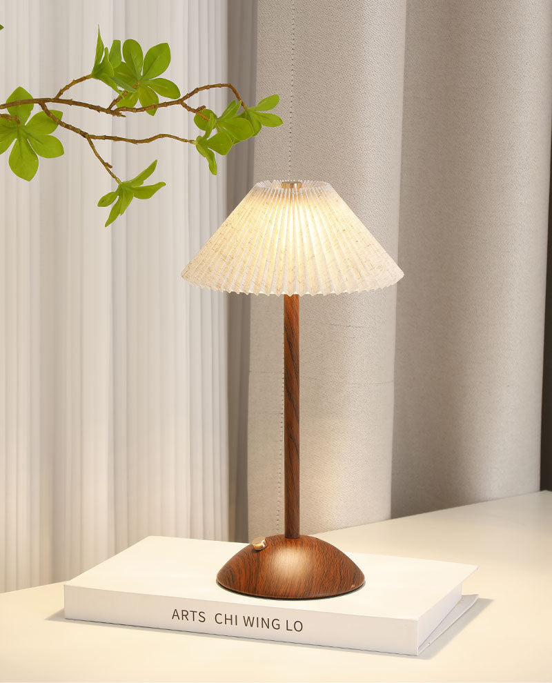 Nordic Pleated Table Lamp Rechargeable LED Wooden Base Bedside Light