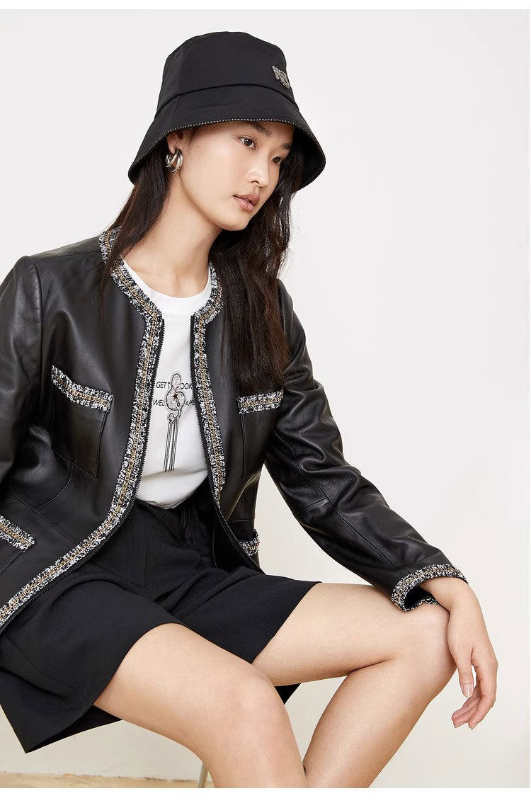 Women’s Leather Jacket with Chain Trim and Tweed Edge