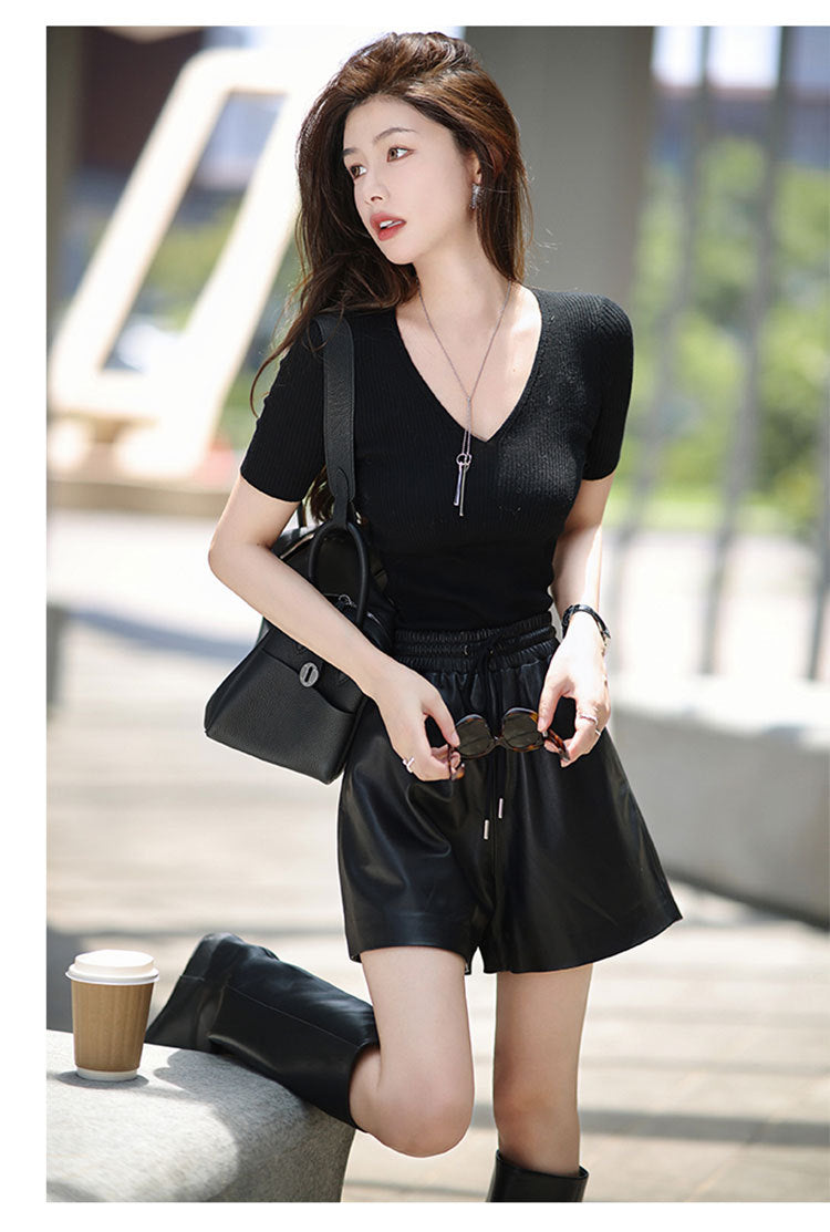 Women’s High Waisted Black Leather Shorts Wide-Leg