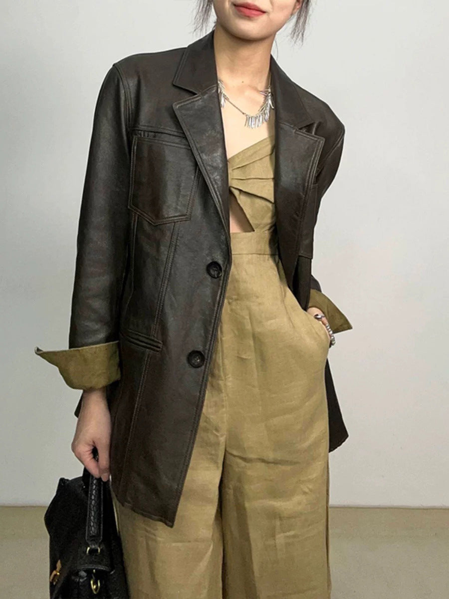 Women Leather Jacket Mid-Length Blazer with Suede Cuffs