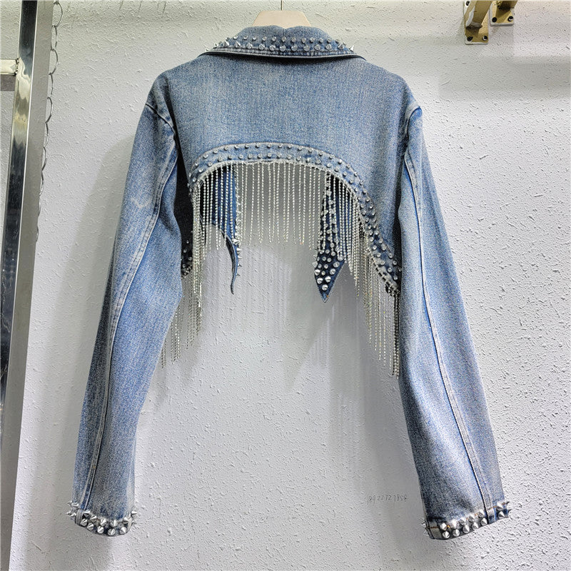 Women Beaded Fringe Tassels Rivet Denim Cropped Jacket