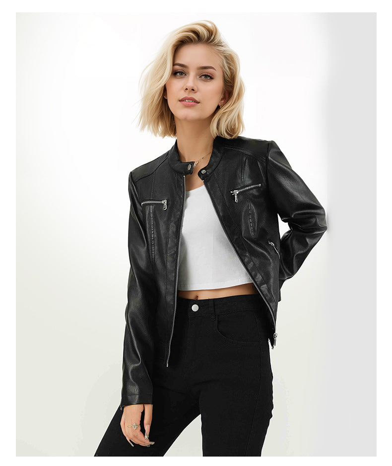 Slim Fit Faux Leather Moto Jacket for Women