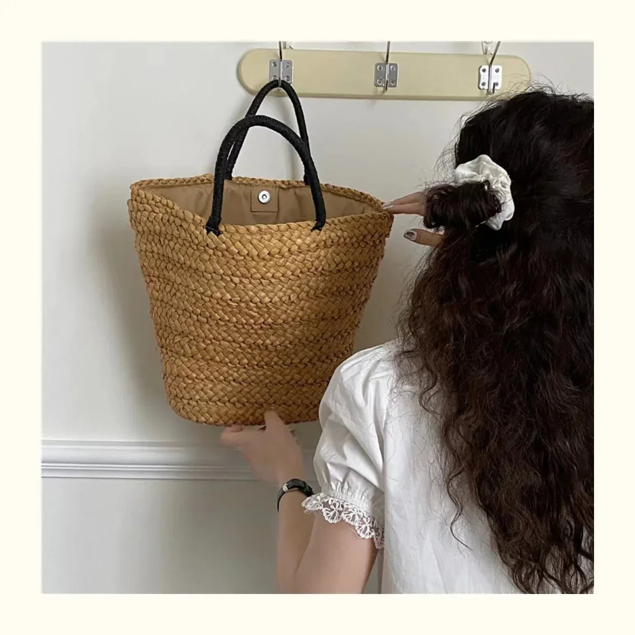 Hand Woven Straw Bucket Tote Bag