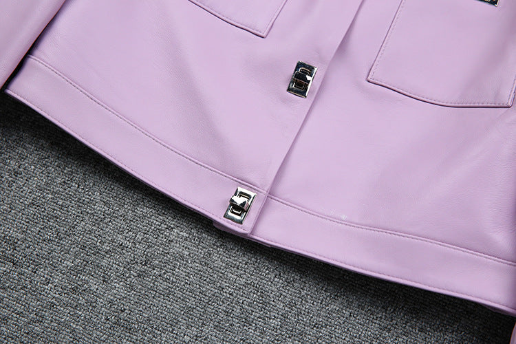 Women Cropped Pink Leather Jacket With Metal Lock