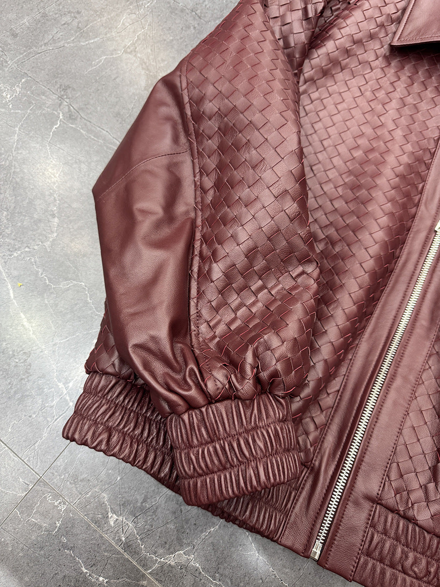 Old Money Style Braided Leather Jacket Loose Fit