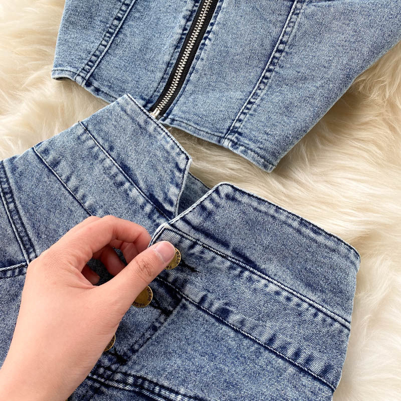 Women’s Denim Two Piece Skirt Set with Zipper Crop Top