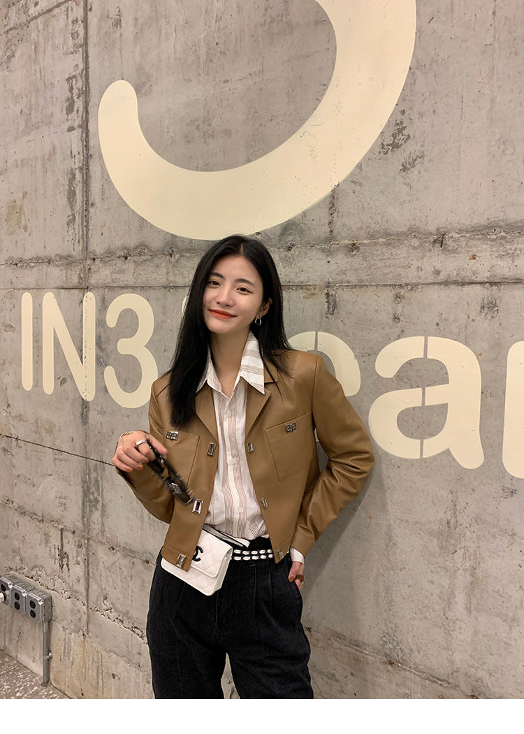 Women Cropped Leather Jacket Short Brown
