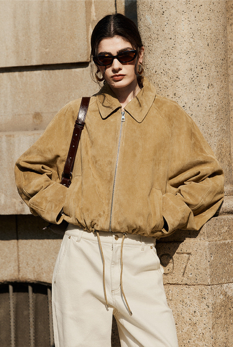 Tan Real Suede Leather Jacket for Women with Drawstring Hem