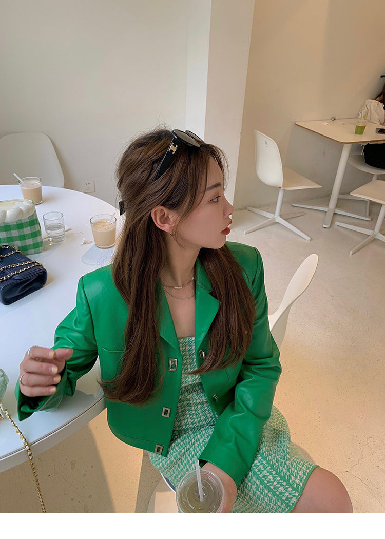 Women Leather Cropped Jacket Green Short Sheepskin Coat