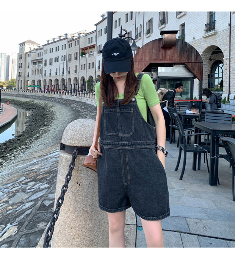 Denim Casual Distressed Overalls Bib Shorts