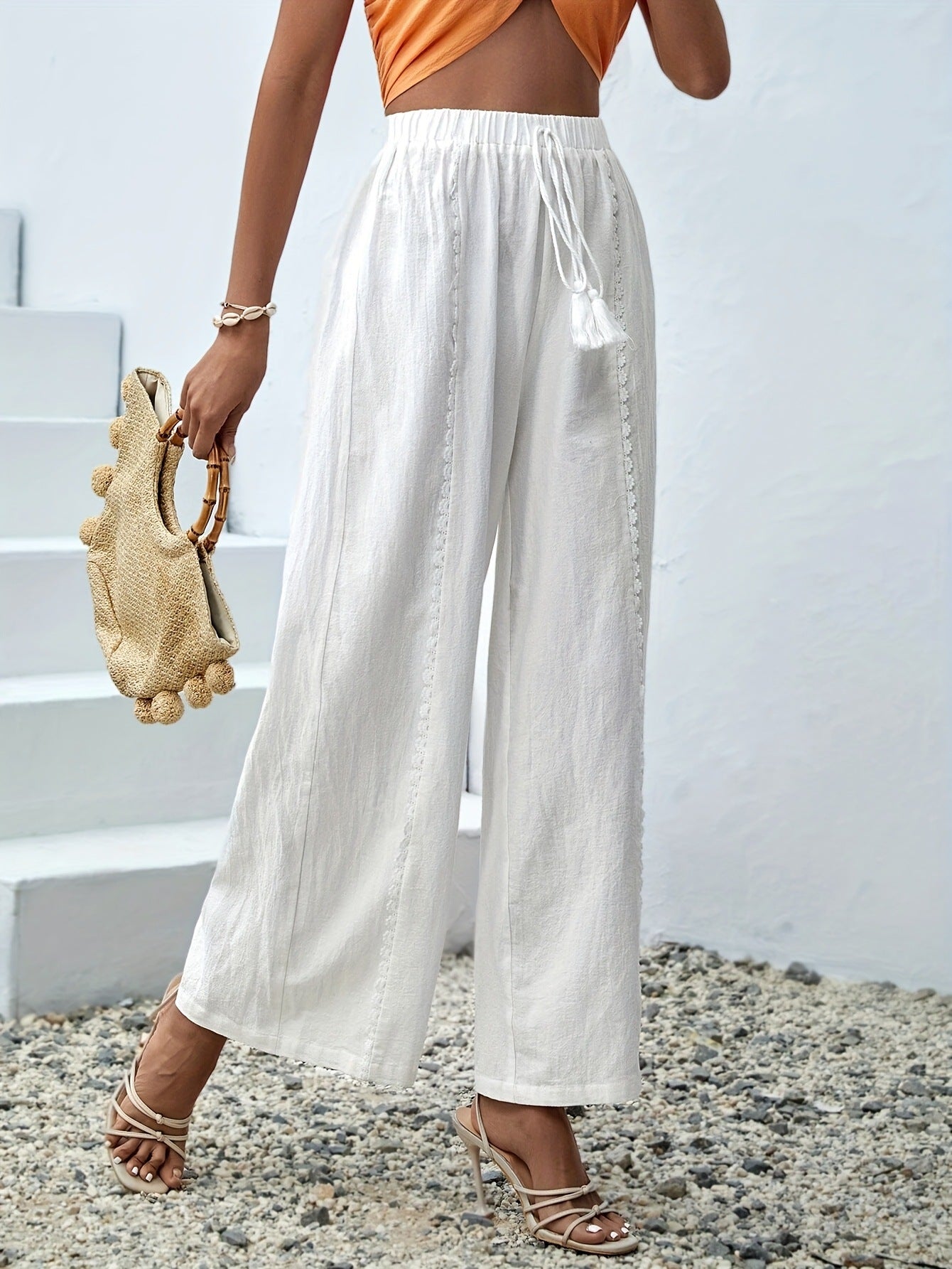 White Cotton Wide Leg Beach Pants for Women