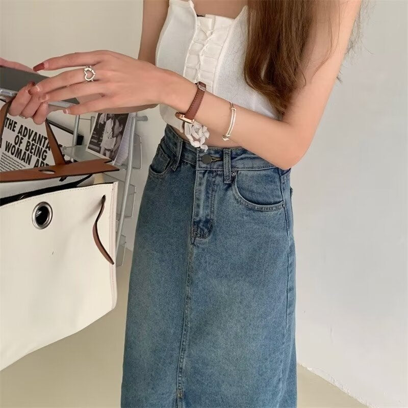 High Waist Denim Maxi Skirt