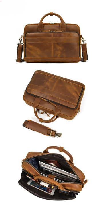 Men's Genuine Leather Travel Office Bag with Trolley Strap
