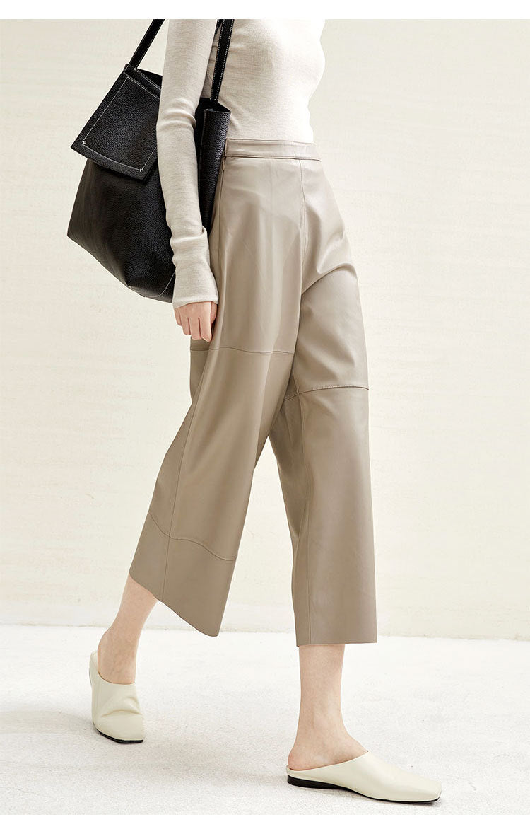 High Rise Leather Elephant Style Pants Straight Leg Midi Culotte