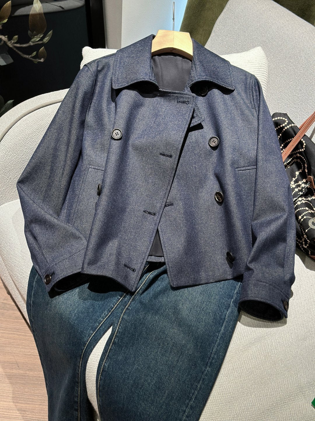 Women Double Breasted Short Wool Coat Mulberry Silk Lined