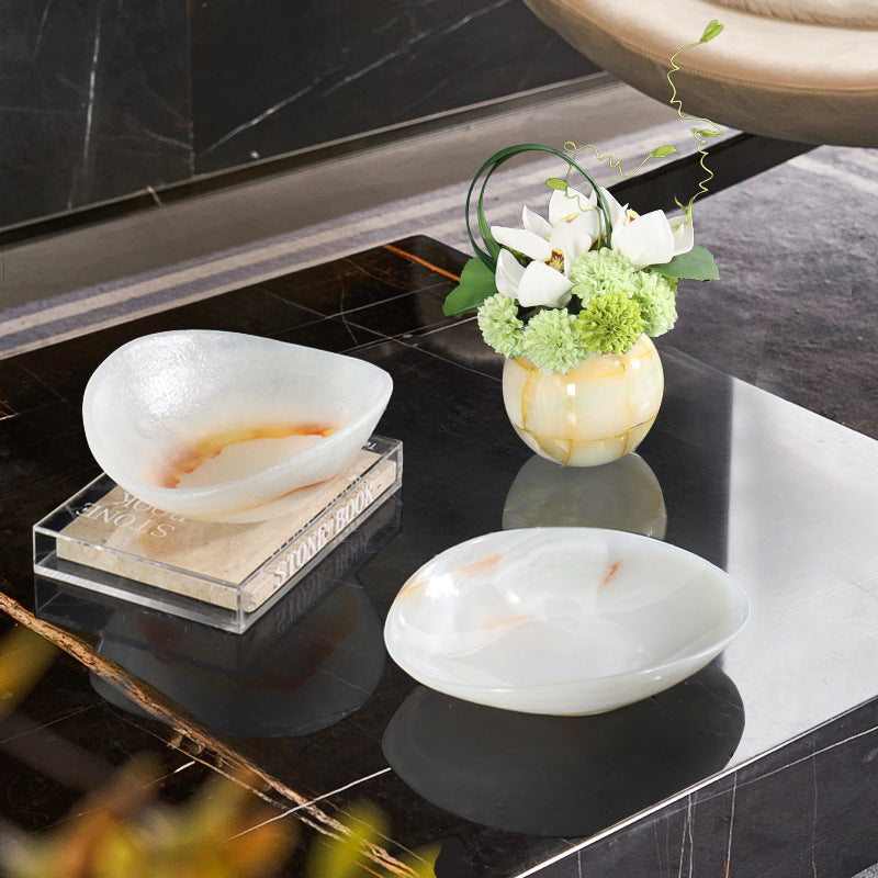 Light Luxury Marble Fruit Plate Natural White Jade Decorative Bowl