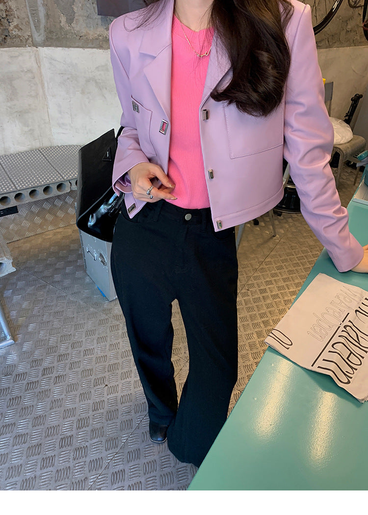 Women Cropped Pink Leather Jacket With Metal Lock