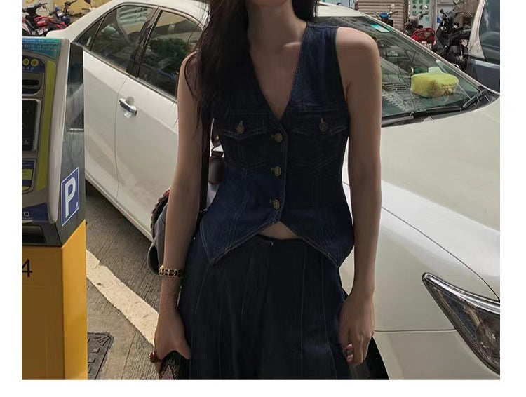 V Neck Denim Vest For Ladies