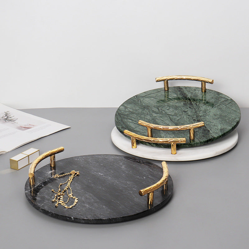 Round Marble Tray with Golden Handles Serving & Vanity Tray