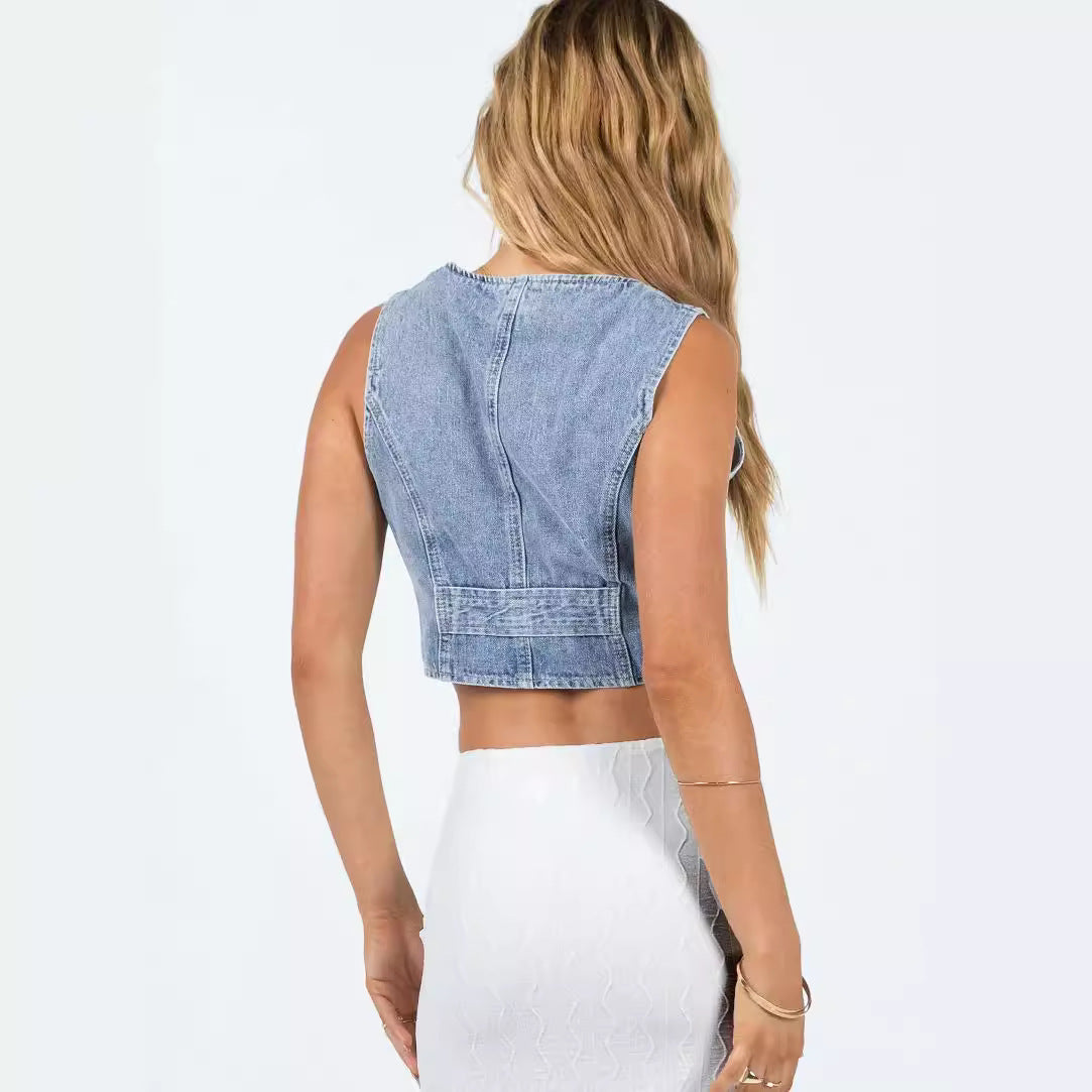 Cropped Denim Vest Jean Waistcoat Top