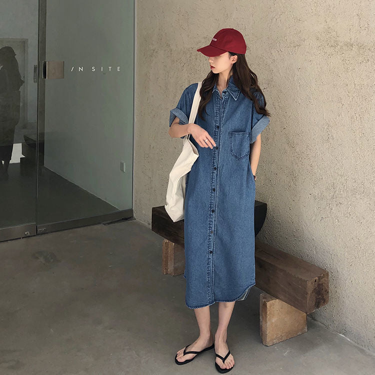 Short Sleeve Denim Shirt Dress for Women Loose Jean
