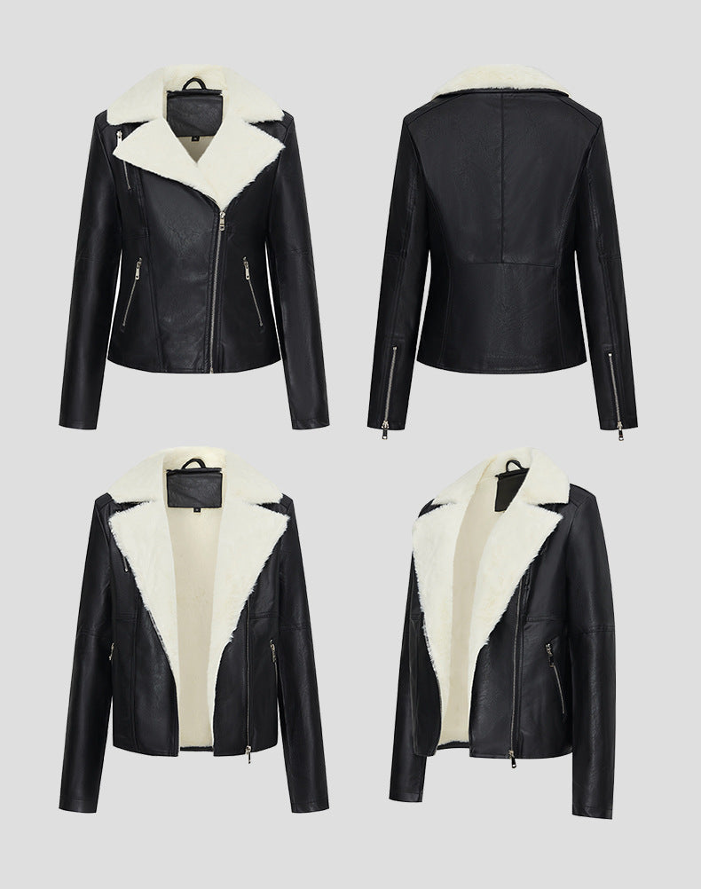 Women Faux Leather Moto Biker Jacket with White Fur Lining