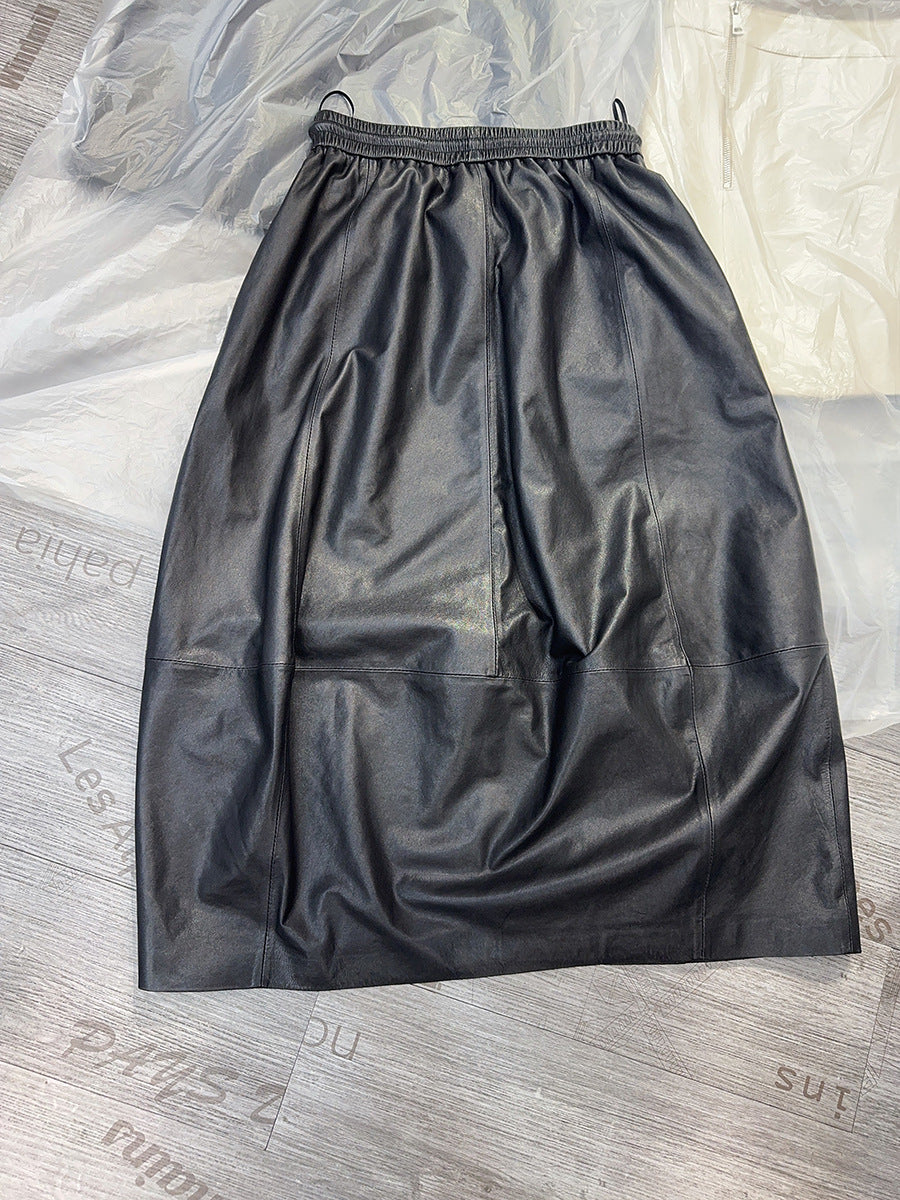 Women Leather Skirt Mid-Length with Pockets & Elastic Waist