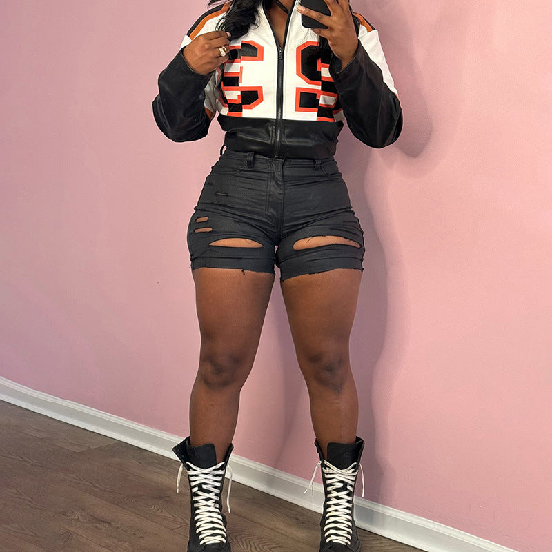 Cropped Faux Leather Bomber Jacket With Patch