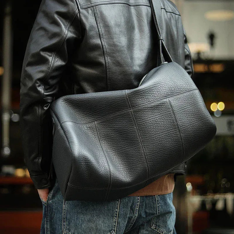 Black Genuine Leather Duffle Bag Travel, Gym & Overnight Bag