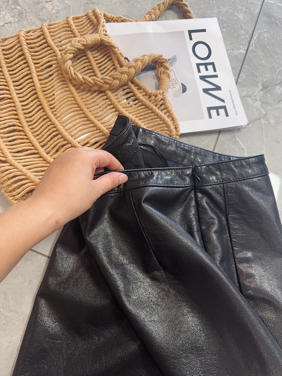 Genuine Leather Mini Skirt High Waist Slit