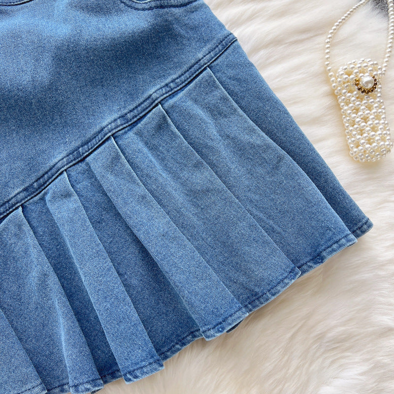 Strapless Denim Mini Bodycon Dress with Pleated Skirt