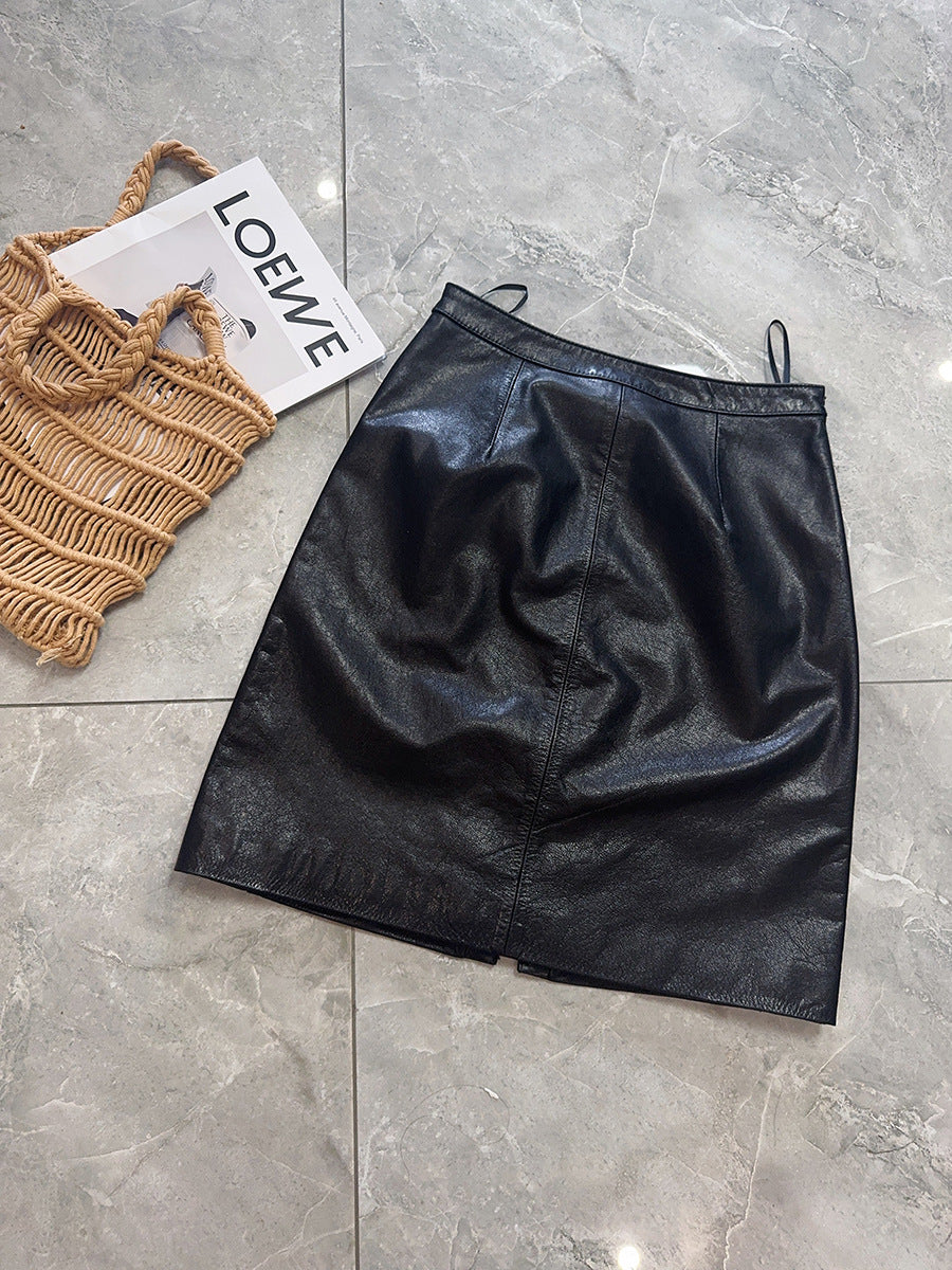 Genuine Leather Mini Skirt High Waist Slit