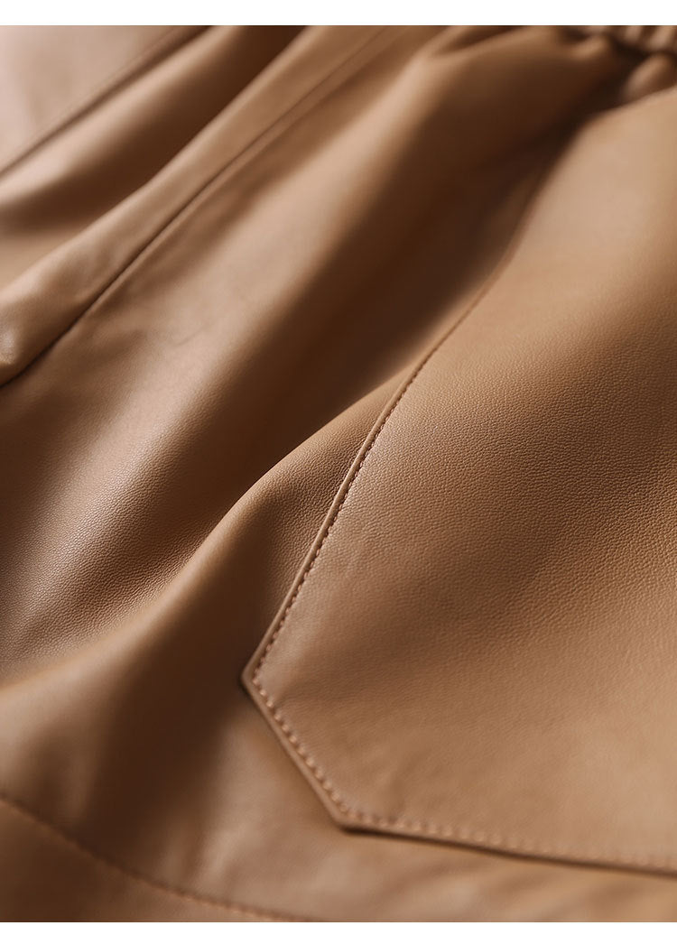 Women’s Genuine Sheepskin Leather High Waist Shorts with Pockets