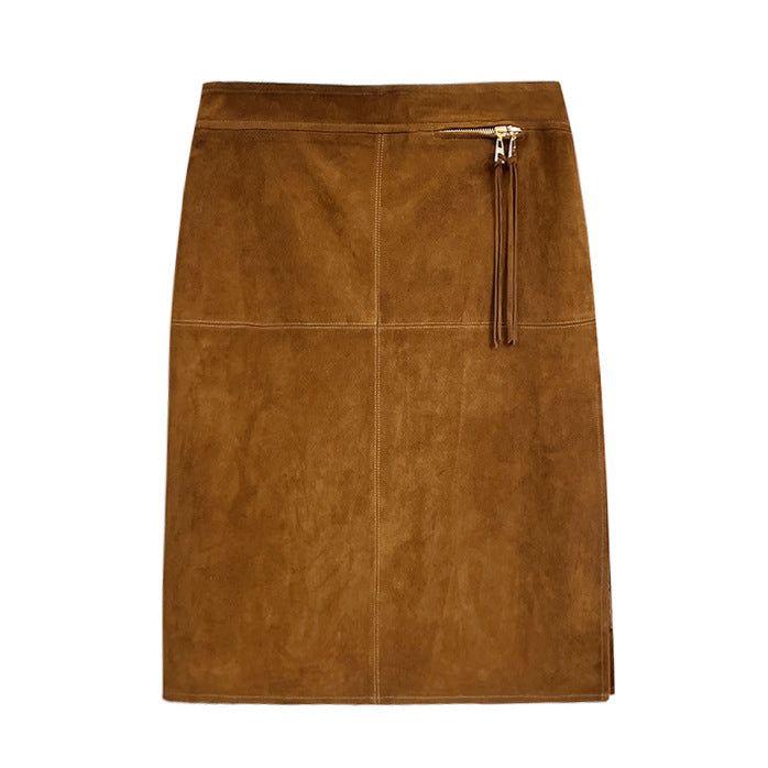 Genuine Leather Suede Skirt with Zipper Tassel and Side Slit