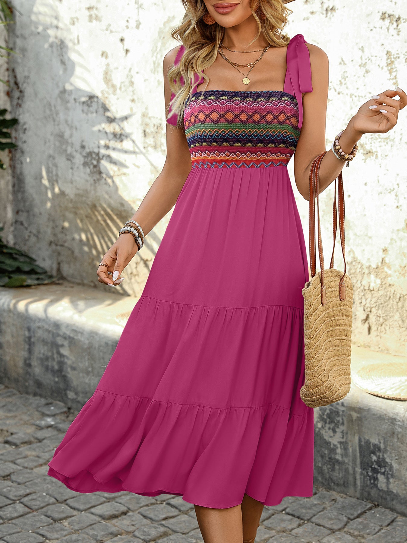 Magenta Embroidered Midi Summer Boho Dress