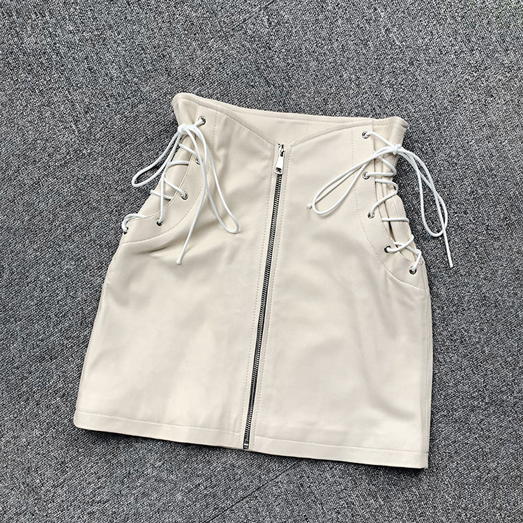 Leather Mini Skirt High Waist Front Lace-Up