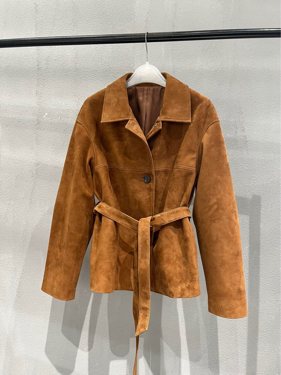 Women Genuine Suede Single Breasted Leather Jacket with Belt