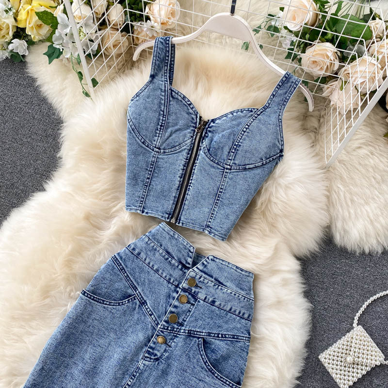 Women’s Denim Two Piece Skirt Set with Zipper Crop Top