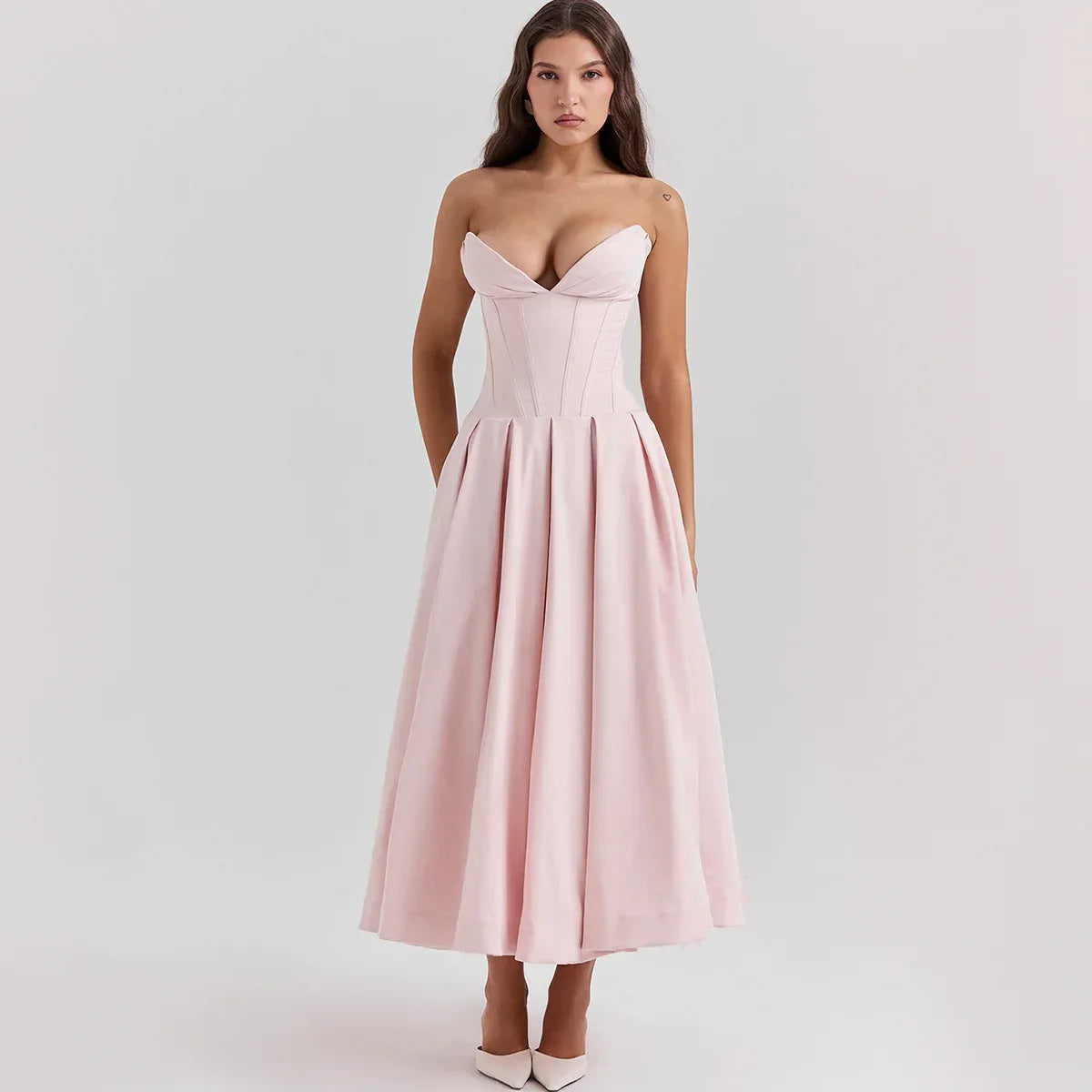 strapless v-neck corset a-line long dress