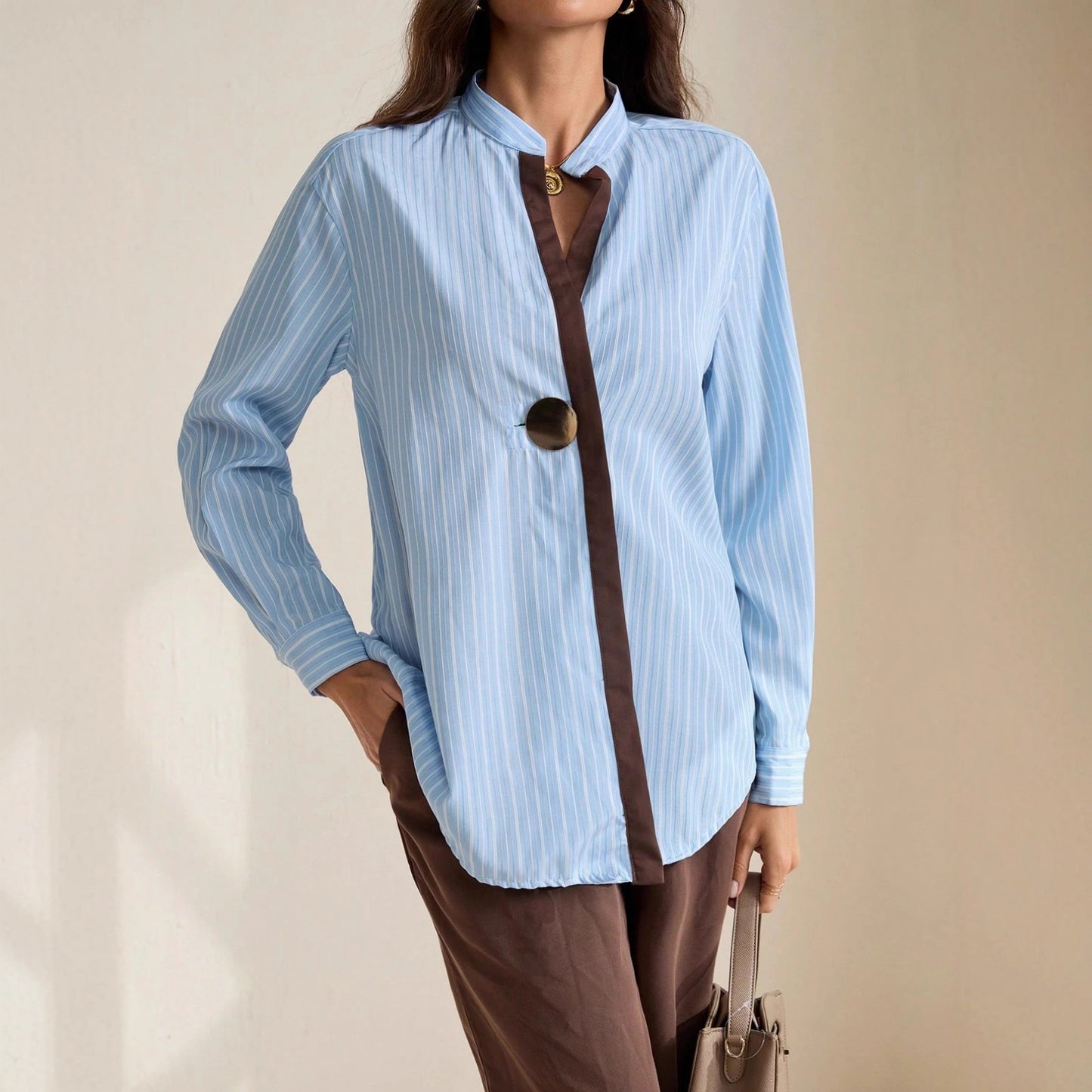 Classic Striped Drop Shoulder Shirts For Ladies