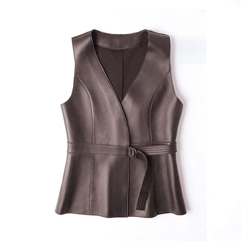 Women leather Vest with Belt Slim Waist Biker Style